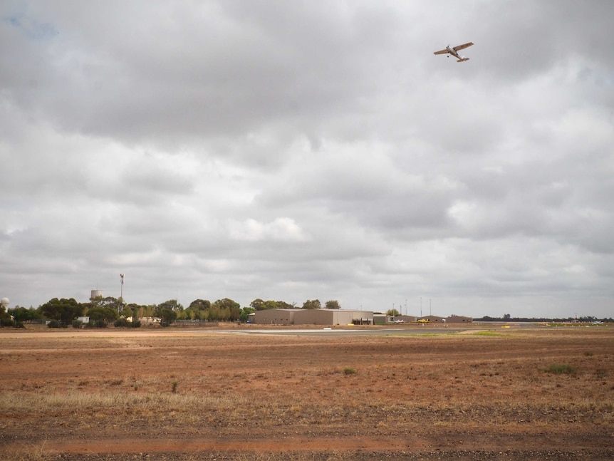 A plane belonging to the International Aviation Alliance flies above the Mildura Airport