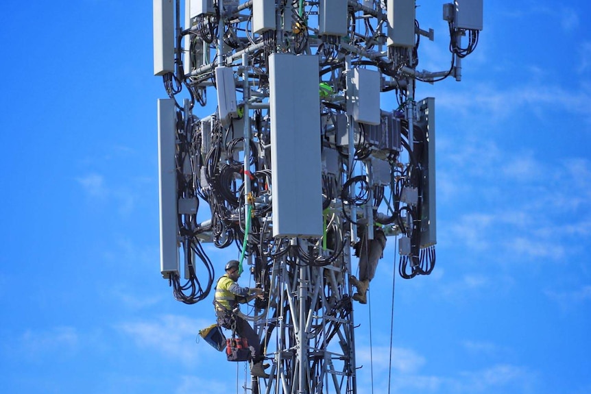 Two technicians work as they are harnessed at top of a mobile phone tower.