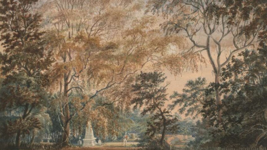 An archival drawing of a burial ground surrounded by Australian bush.