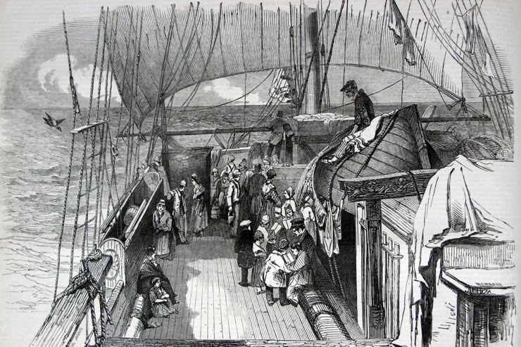 An emigrant ship bound for Australia, c. 1840.