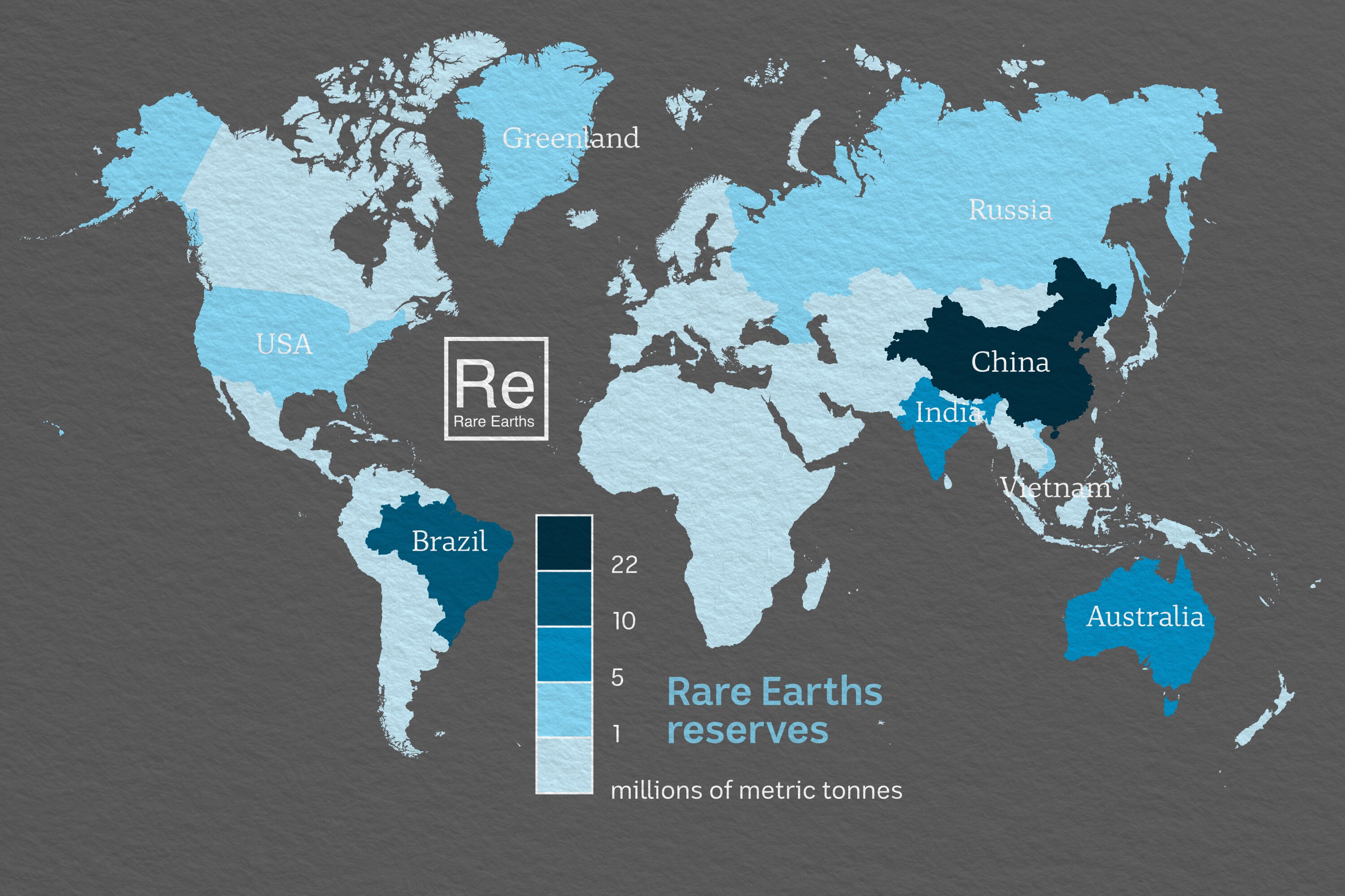 World map highlighting countries in colours based on rare earth reserves. 