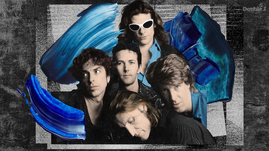 Black and white portrait of the band with blue paint swirls on top