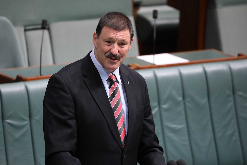 A mid-shot of a besuited, moustachioed politician, who is standing in an empty chamber, talking behind the despatch box.