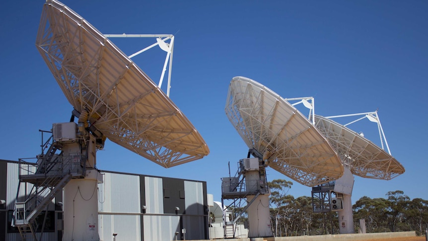 Satellite dishes at the new NBN ground tracking station outside of Kalgoorlie-Boulder.