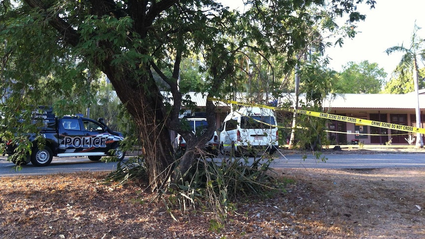 A crime scene set up by police investigating a suspicious death in the car park of the Frog Hollow Centre for the Arts