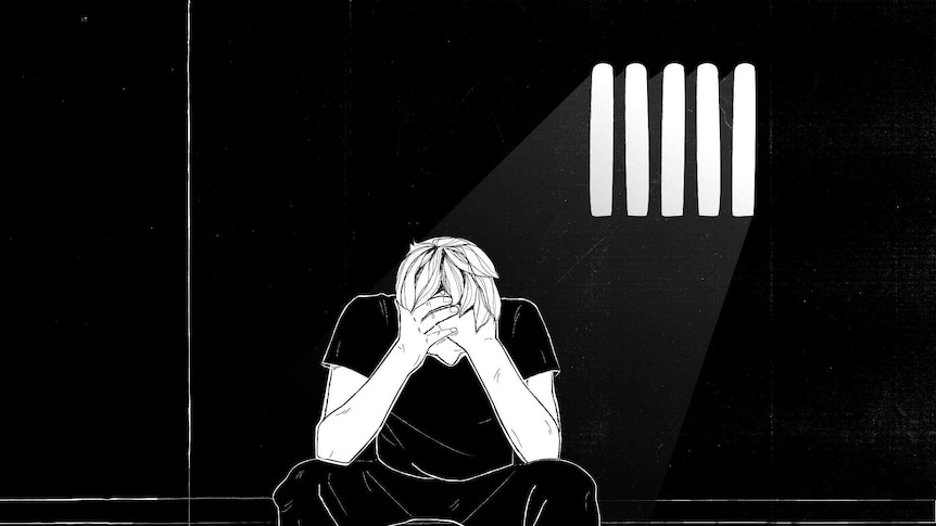 An illustration of a man with his head in his hands in a cell