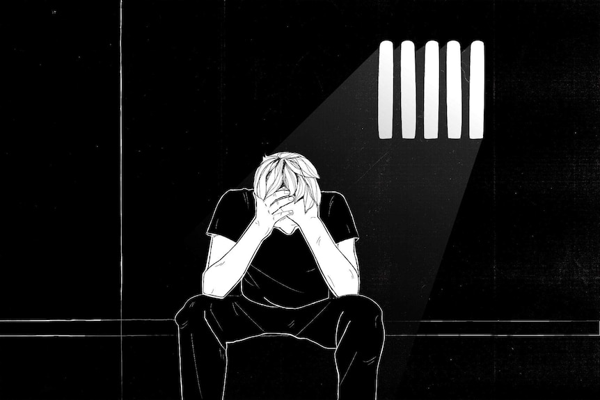 An illustration of a man with his head in his hands in a cell
