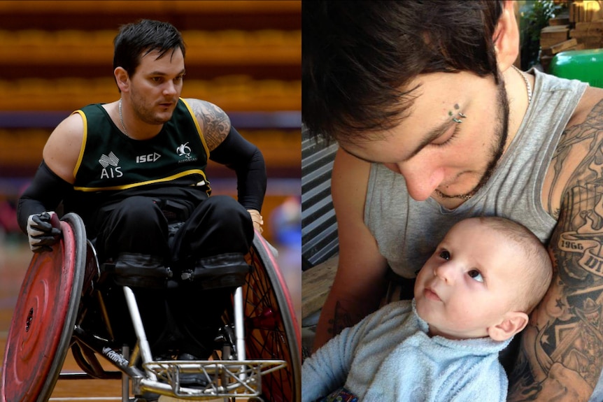 A composite image showing a man in an AIS singlet in a wheelchair rugby chair, and holding a baby boy.