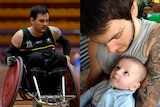 A composite image showing a man in an AIS singlet in a wheelchair rugby chair, and holding a baby boy.