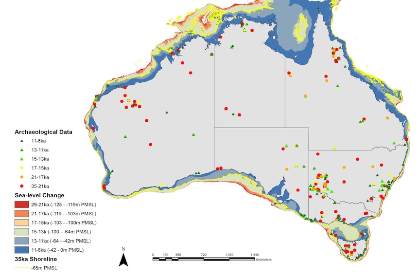 A map of Australia's coast showing historical sea levels.