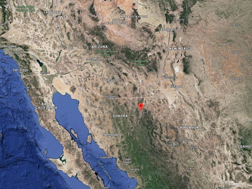 A satellite image shows the Pacific border regions of the US and Mexico.