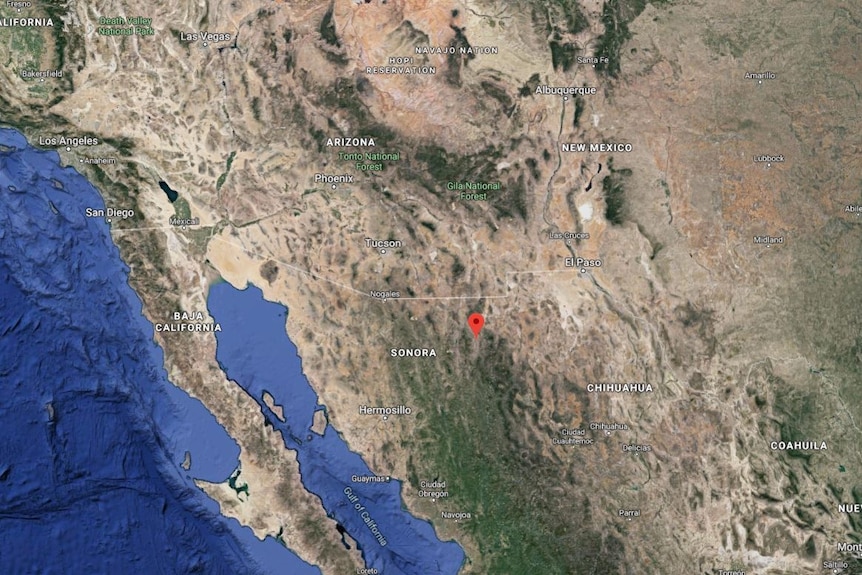 A satellite image shows the Pacific border regions of the US and Mexico.