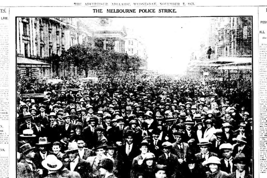 A newspaper clipping of the Melbourne police riots.