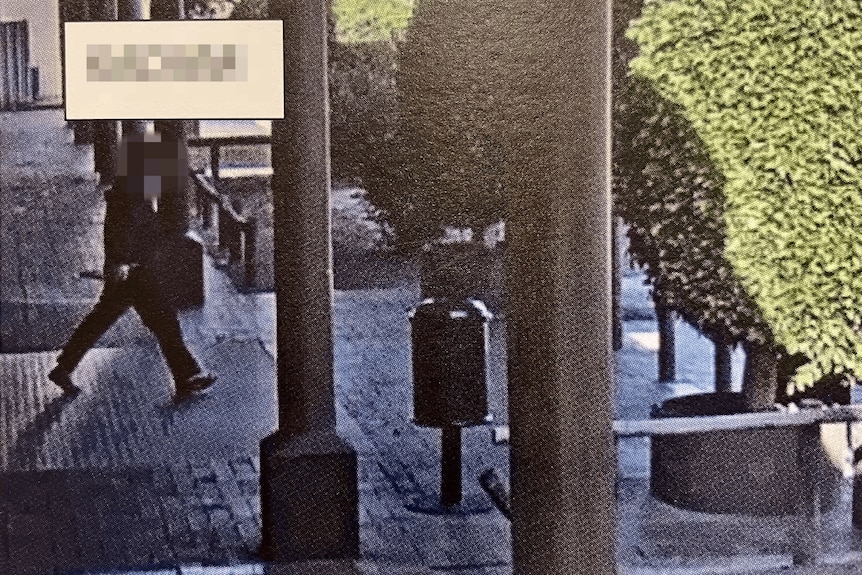 A CCTV still shows perpetrator walking and holding what police allege is a knife.