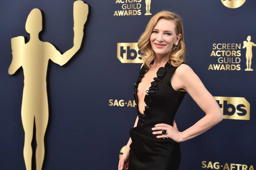 Cate Blanchett arrives at the 28th annual Screen Actors Guild Awards at the Barker Hangar on Sunday, Feb. 27, 2022.