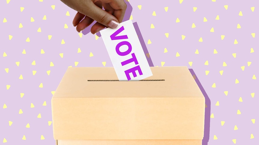 A hand places a card that says VOTE on it into a ballot box.