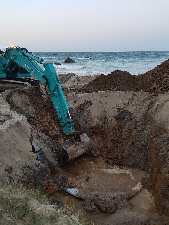 Heavy machinery digging deep hole in the sand on Port Macquarie beach with dead humpback whale at the bottom.
