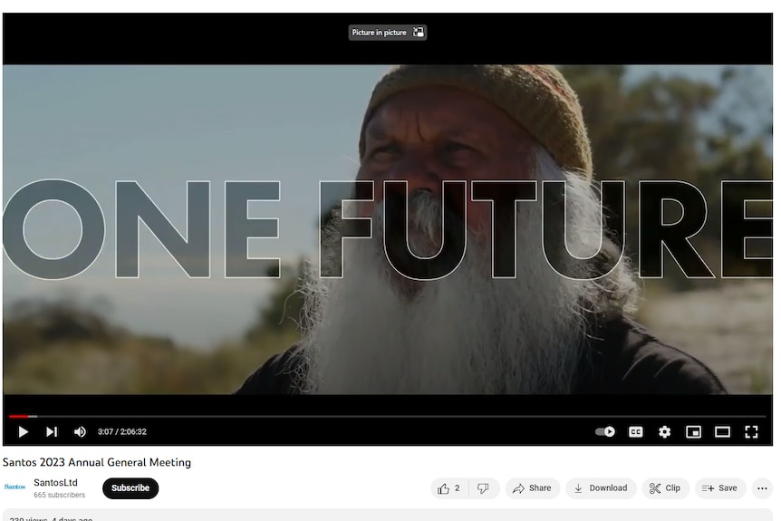 A screenshot of a Santos YouTube video showing Aboriginal elder Major 'Moogy' Sumner.
