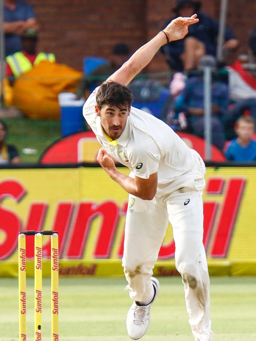 Australia's Mitchell Starc bowls on the second day of the second cricket test.