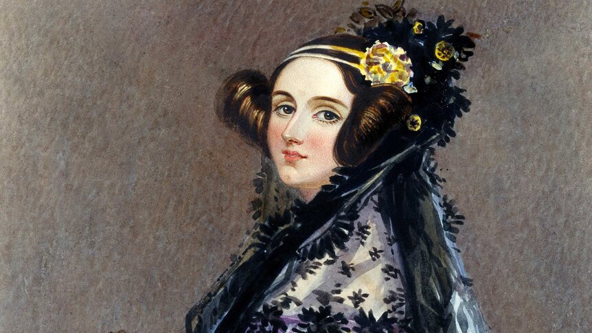 Watercolour portrait of Ada Lovelace wearing evening dress with a mantilla and holding a fan.