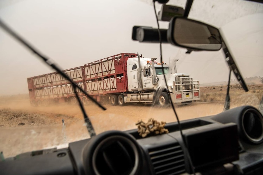 A truck used for carrying animal stock is seen on a back road during a red coloured dust storm in Parkes, NSW.