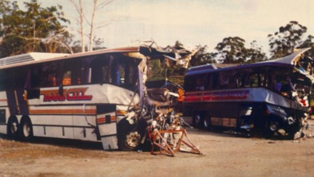 Crumpled buses and wreckage after the accident
