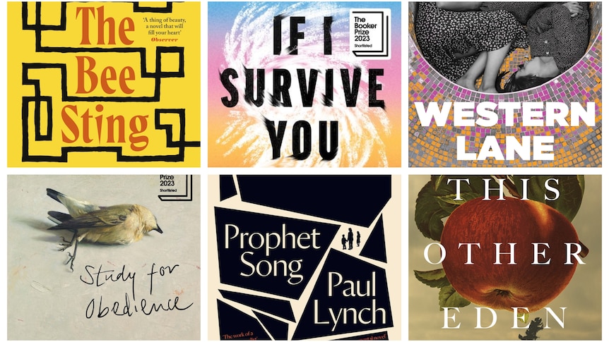 A collage of the six Booker Prize shortlisted novel book covers.