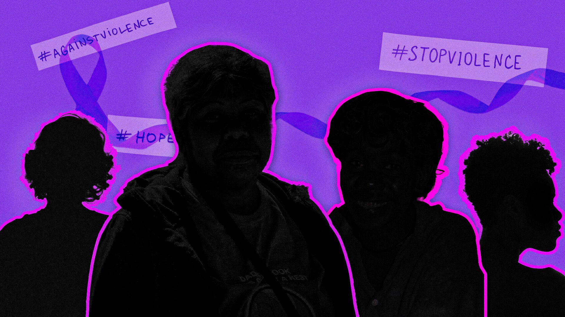 An illustration of the outlines of four women, the background behind is purple.