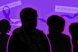 An illustration of the outlines of four women, the background behind is purple.