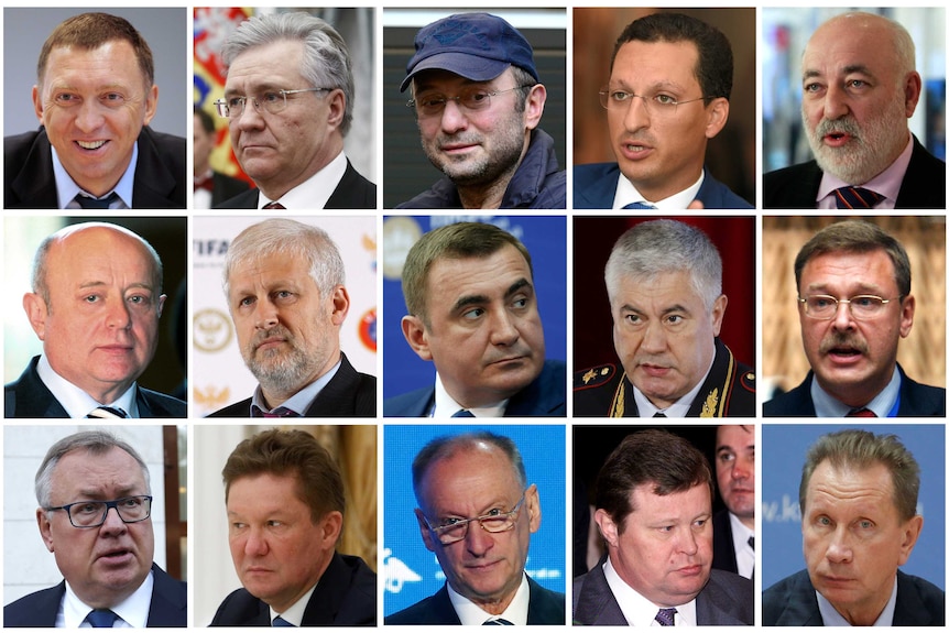 Combination picture shows 15 businessmen an officials on US sanctions.