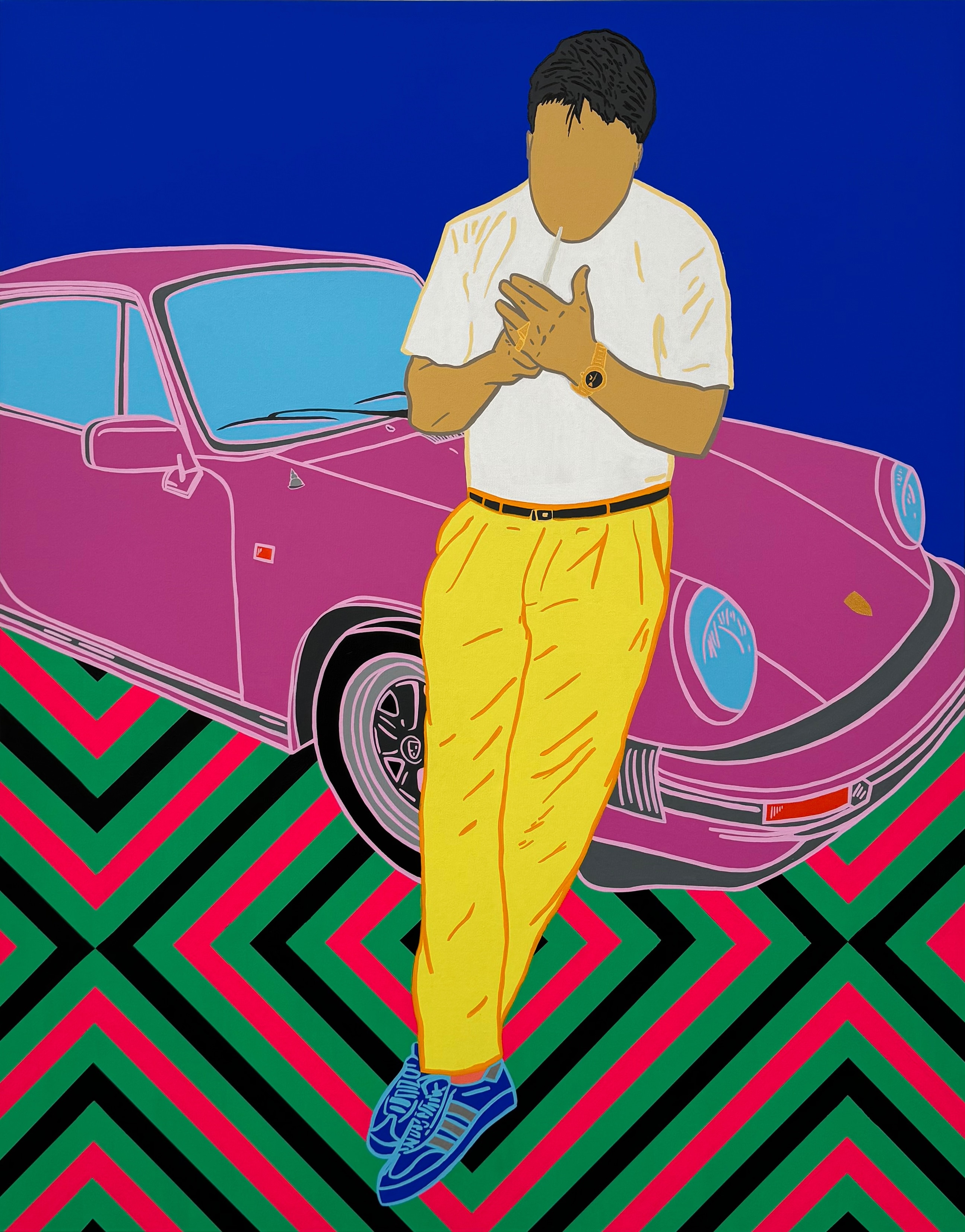 Bright pop colours and zig zags painting of a faceless man lighting a cigarette while leaning against a car