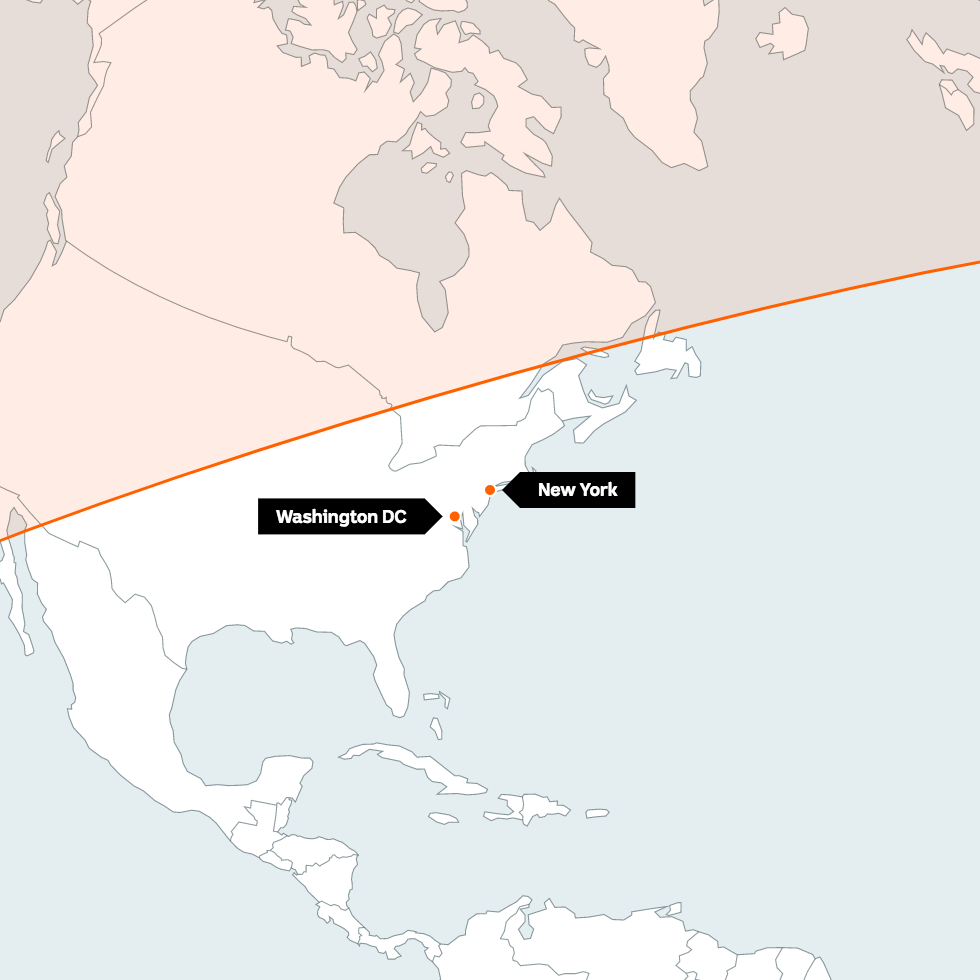 Red shaded area shows range of North Korea's ICBMs. Washington and New York are labelled outside