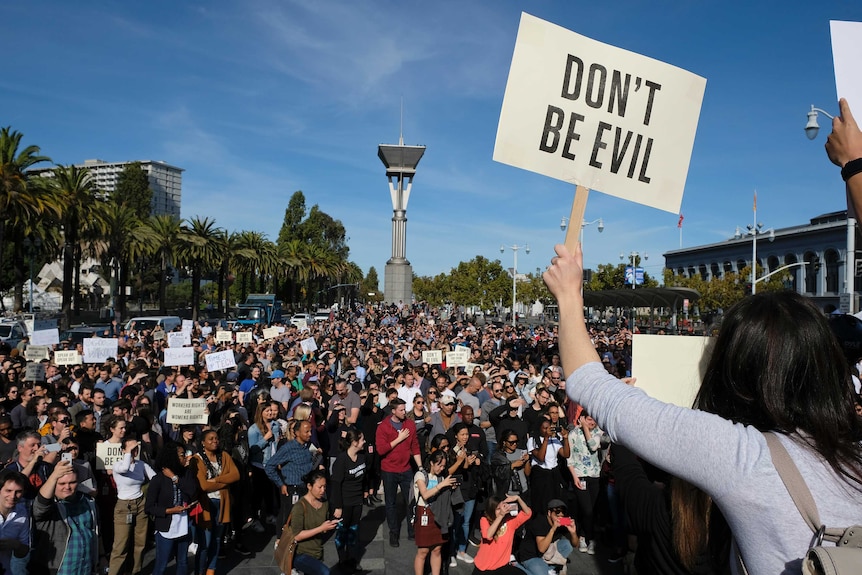 Google employees fill Harry Bridges Plaza, San Francisco