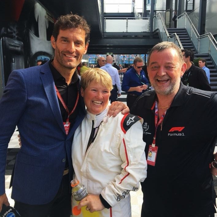Mark Webber, former Formula One driver (left) with Lynda Britten and Paul Stoddart, Minardi owner.