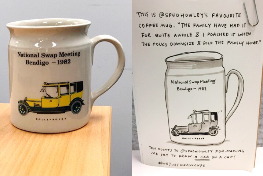 Mug with a picture of a Rolls Royce next to a black and white sketch of the mug with text: "The family have had it for a while"