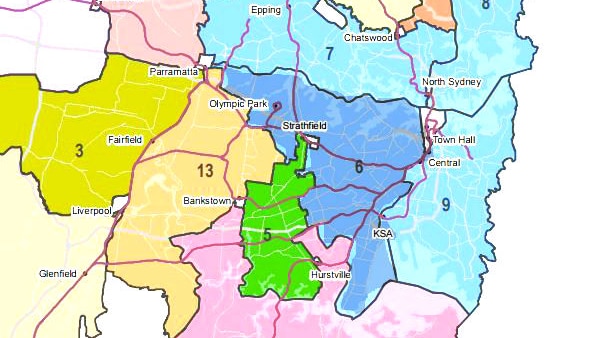 Inner west bus region 6 is shown in dark blue.