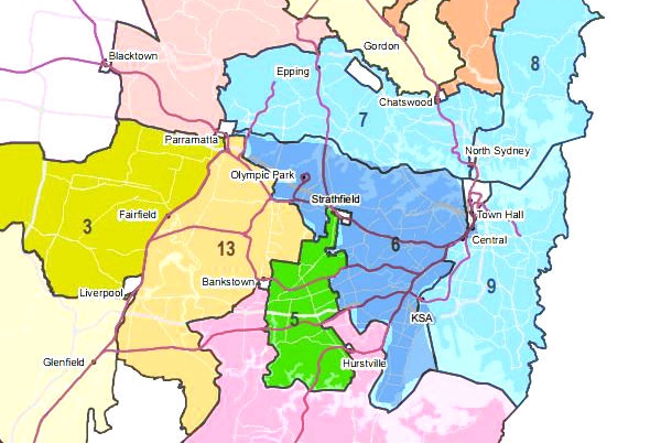 Inner west bus region 6 is shown in dark blue.