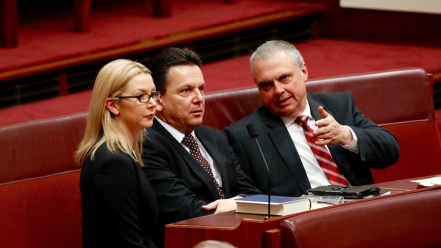 NXT (Nick Xenophon Team) Senators Skye Kakoschke-Moore, Nick Xenophon and Stirling Griff sit together in the senate