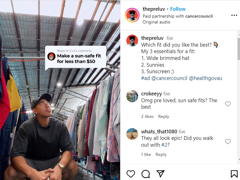 Screenshot of Instagram video with young man surrounded by clothes racks.