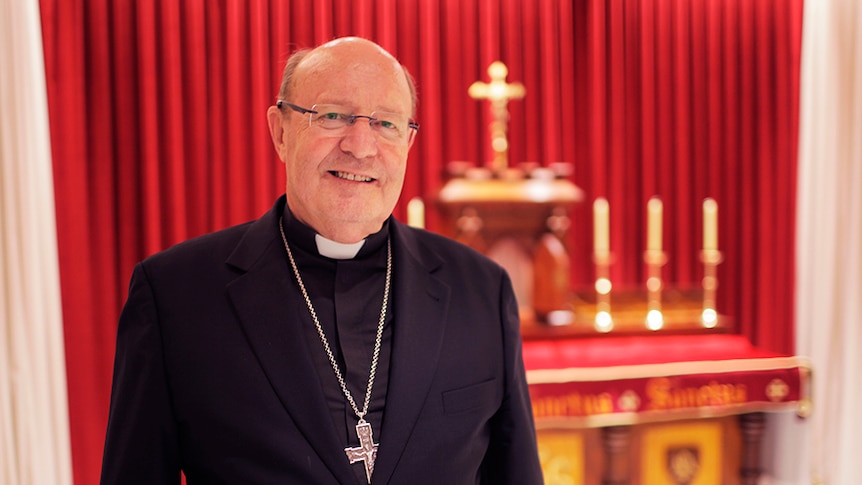 Archbishop Julian Porteous in crypt at St Mary's Cathedral, Hobart.