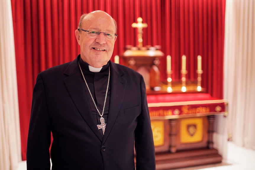 Archbishop Julian Porteous in crypt at St Mary's Cathedral, Hobart.