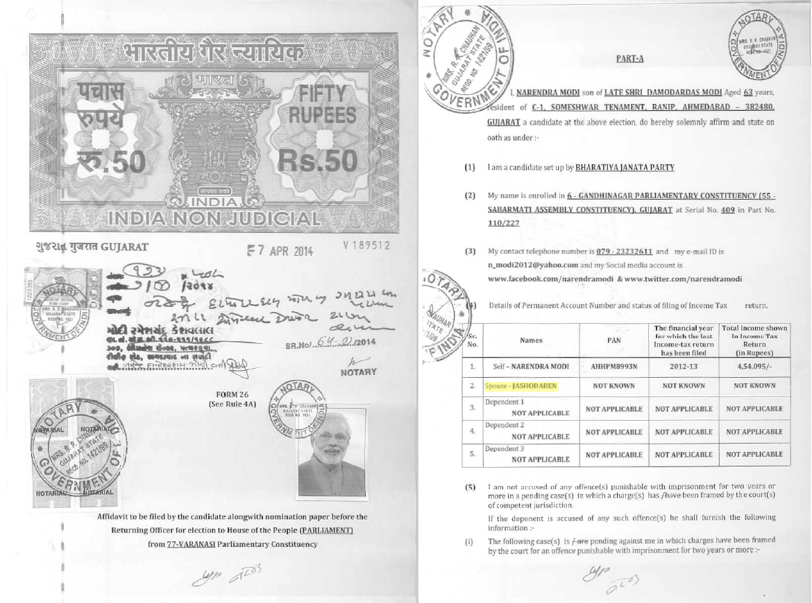 A scanned document shows two pages, including stamps and a photograph of Narendra Modi and a table including his wife's name