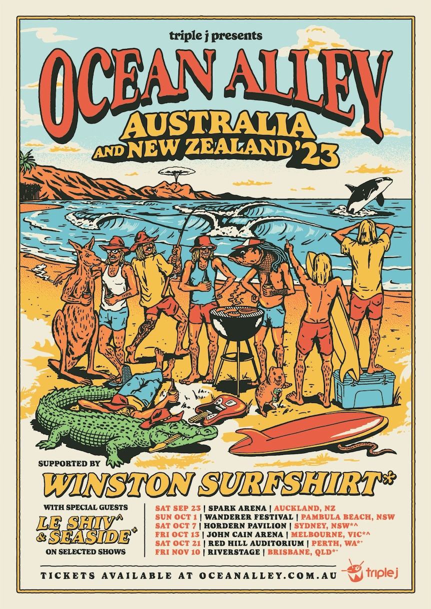 Retro-style Ocean Alley Australian tour poster featuring cartoon men on a beach with giant animals and a BBQ.