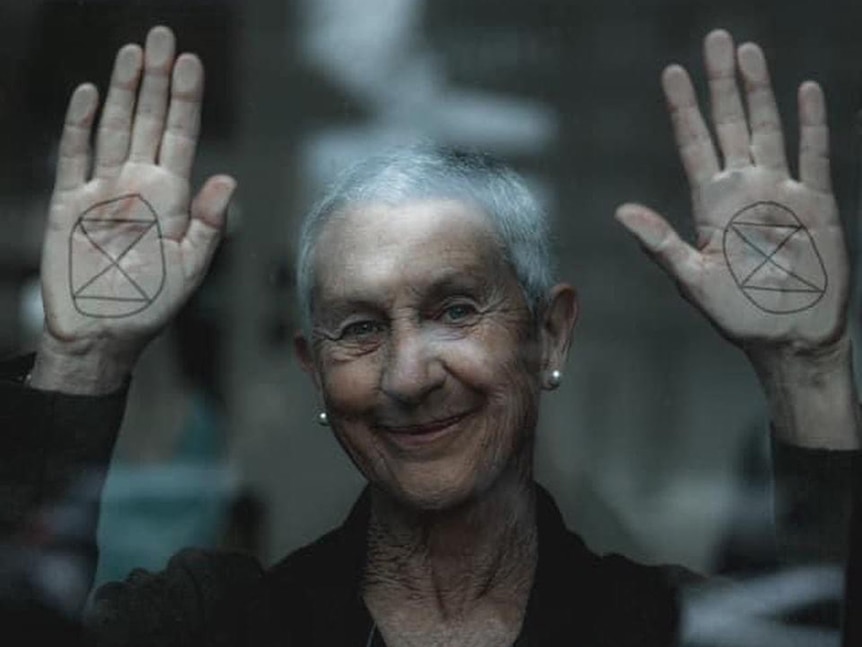 A woman holding her hands up pressed against a window with the Extinction Rebellion logo drawn on her palms.