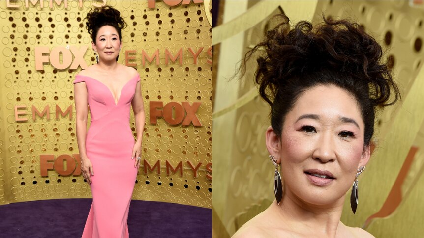 Sandra Oh is seen in a composite in a full length shot on the left and a close up on the right.