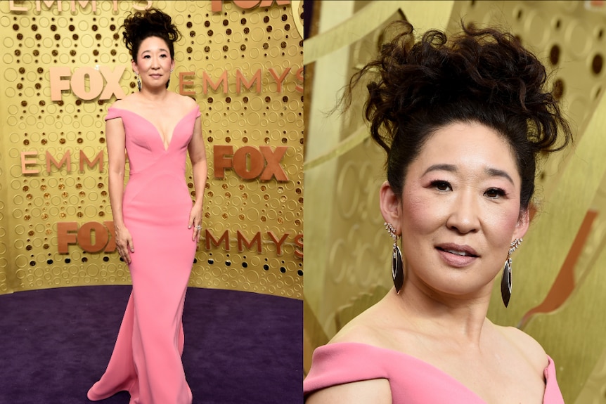 Sandra Oh is seen in a composite in a full length shot on the left and a close up on the right.