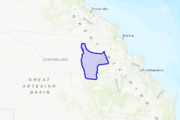 A map of Queensland with the area of the Wangan and Jagalingou's native title claim highlighted in blue.