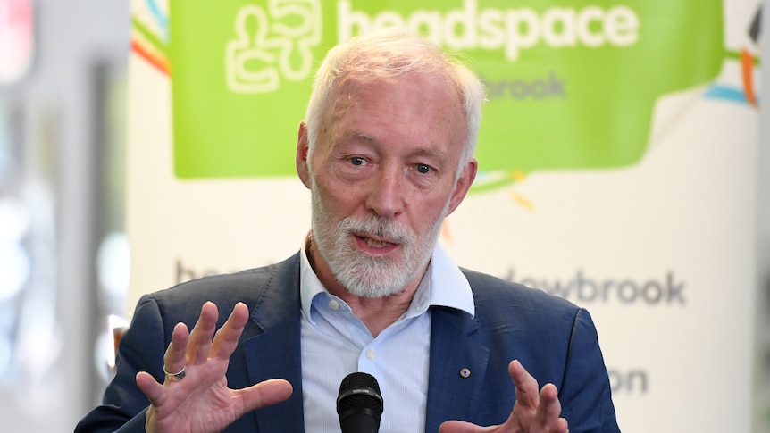 A man with grey hair and a grey beard gestures while speaking at the lectern.