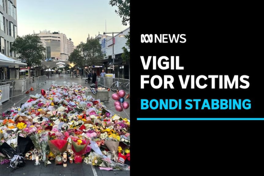 Vigil For Victims, Bondi Stabbing: Floral tributes in a shopping plaza.