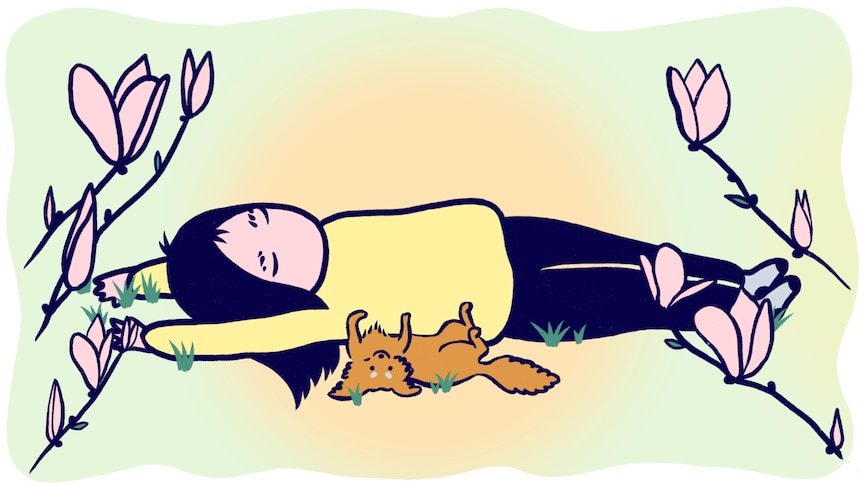 Comic of a woman reclining in a park with cherry blossoms in bloom and a small dog. Taking a break from video meeti